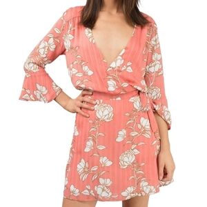 Minkpink's Lovina Wrap Style Mini Dress Coral Pink Floral Print Size M…